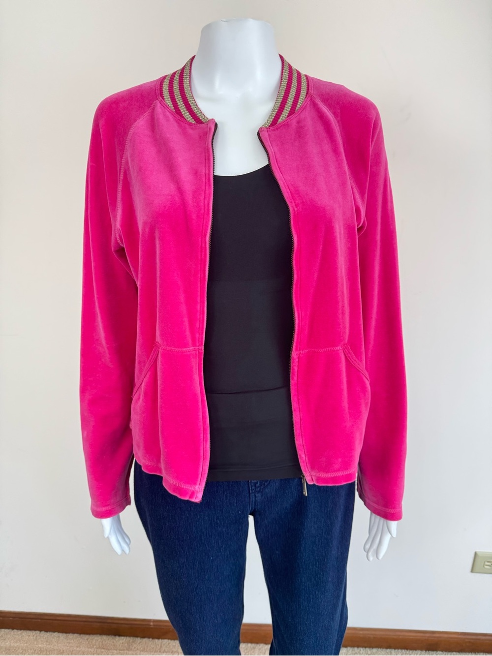 Sonia Rykiel Pink Velour Velvet Zip Jacket Gold Stripe Collar Y2K 90s Athletic - Picture 7 of 14